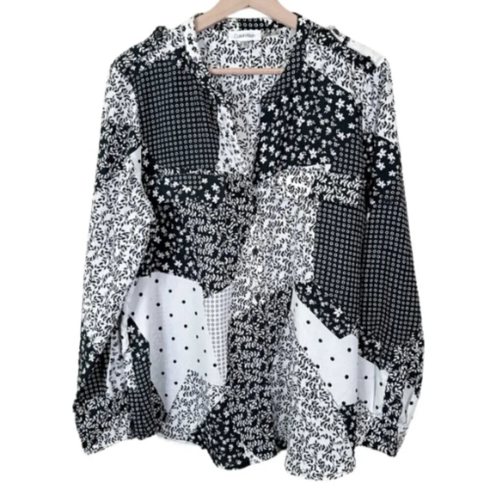 Calvin Klein Womens Size Xlarge Patchwork Print  Over Button Relaxed Shirt